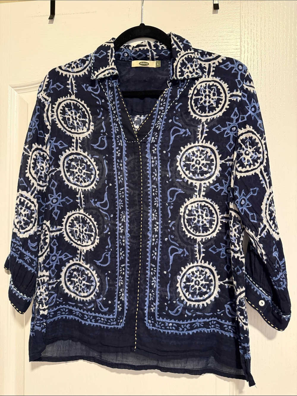 Navy Blue Printed Tunic with White & Light Blue Medallion Design
